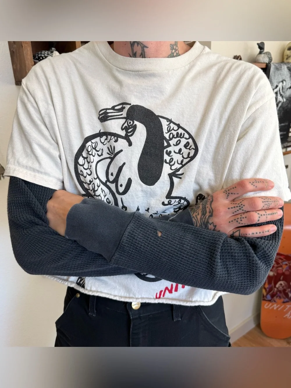 💀 SOLD 💀 Vintage 90s Y2K Faded Black Waffle Thermal Grunge Skater Streetwear ~ L